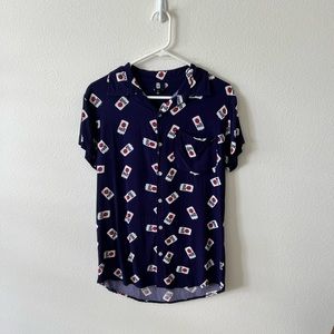 Navy Blue Sushi Print Casual Button Down Shirt